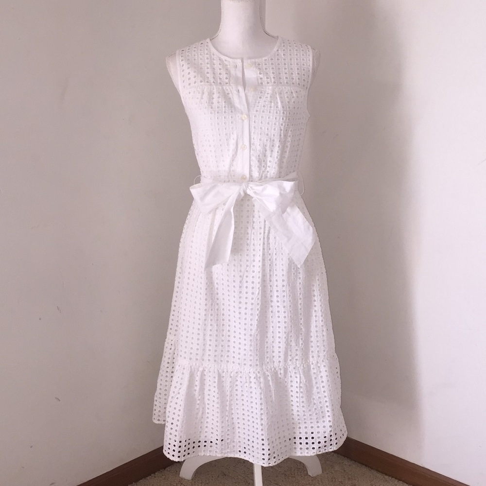 J. Crew White Eyelet Dress Tie waist Size 2 Tall